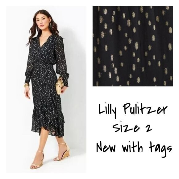 Lilly Pulitzer Cristiana Black Gold Dot Midi Dress Size 2 New With tag - Picture 1 of 8